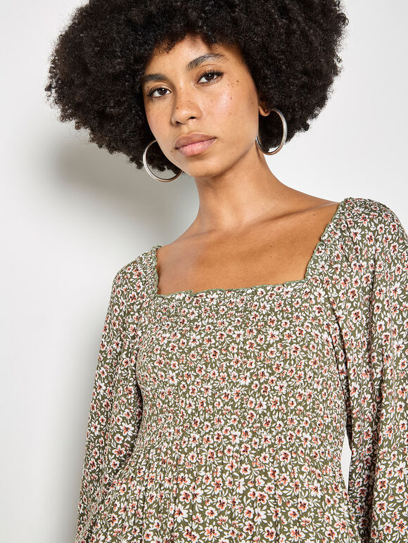 Green Ditsy Floral Smocked Midi Dress