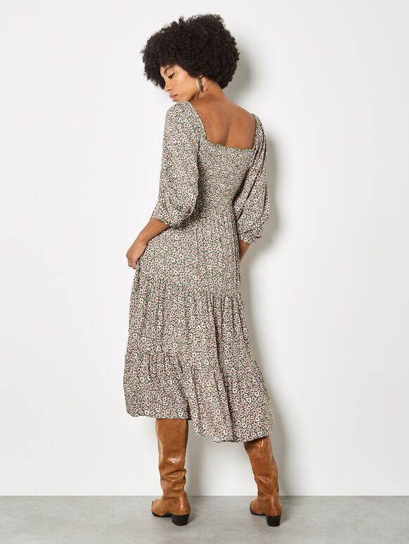 Green Ditsy Floral Smocked Midi Dress