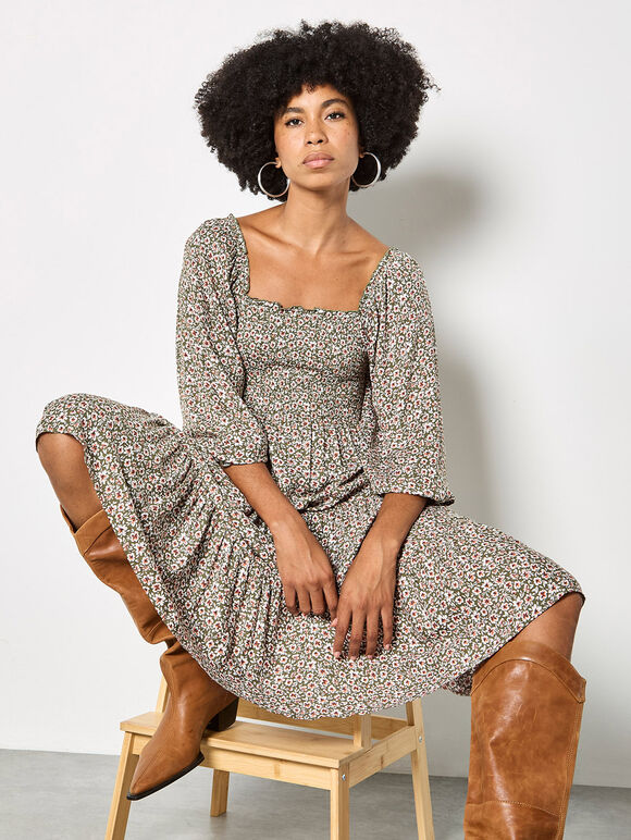 Green Ditsy Floral Smocked Midi Dress