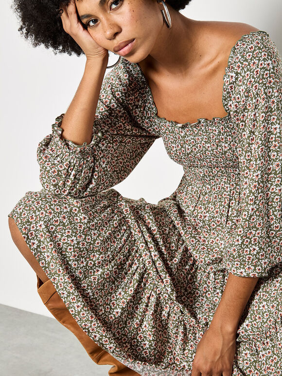 Green Ditsy Floral Smocked Midi Dress