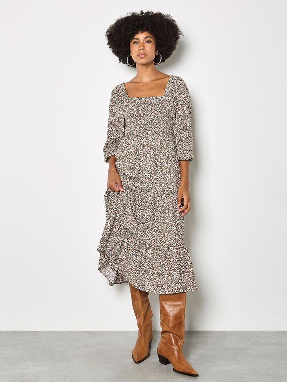 Green Ditsy Floral Smocked Midi Dress
