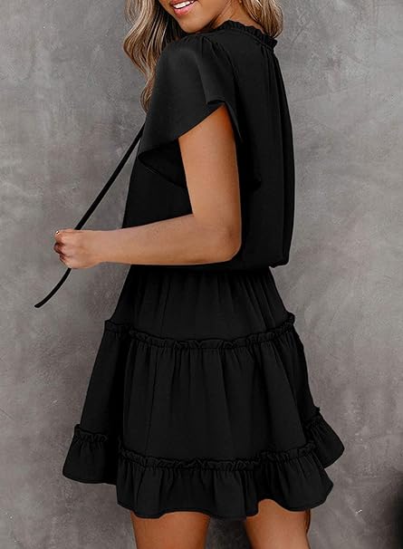 Womens  Summer Fall Elegant Off The Shoulder V Neck Long Sleeve Ruffle Flowy Mini Short Skater Dresses