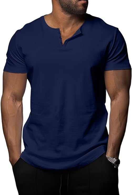Mens Henley Shirts Short Sleeve Casual Summer T Shirts Muscle Slim Fit Workout Shirt
