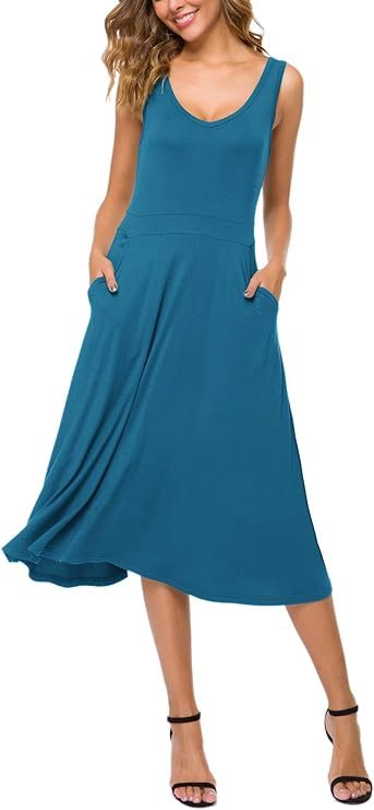 Women's Summer Casual Sleeveless Flared Midi Dress Swing T-Shirt Dresses with Pockets