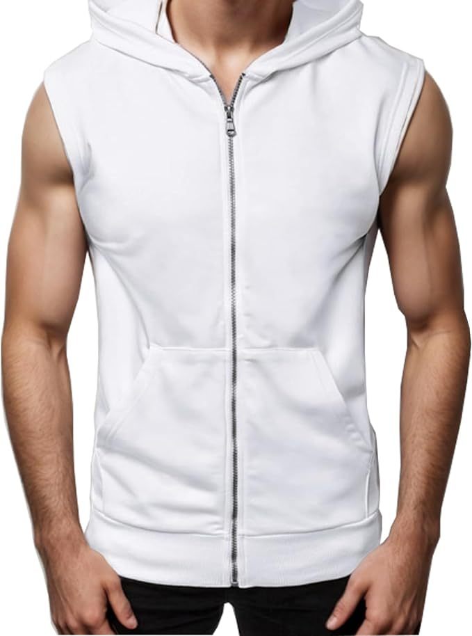 Mens Zipper Pockets Hoodie Casual Sleeveless Sport Work Out Running Hooded Sweatshirt