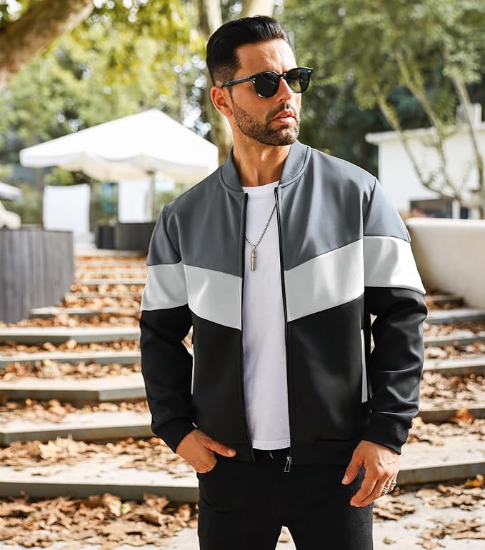Mens Varsity Jacket Casual Color Block Bomber Jacket Lightweight Coat