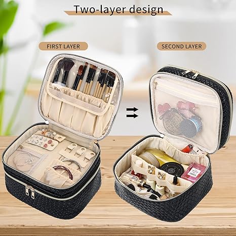 Makeup Bag for Women Double Layer Cosmetic Bag with Jewelry Compartment Large Toiletry Bag for Traveling Portable Makeup Storage Box (A/Black)