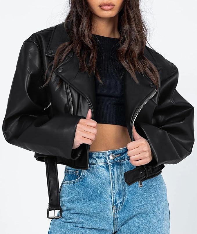 Women Leather Jackets Oversized Casual Winter Y2k Faux Zip Up Coats Bomber Motor Biker Fall Clothes  Trendy