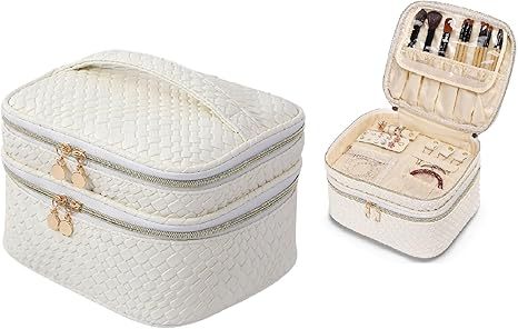 Makeup Bag for Women Double Layer Cosmetic Bag with Jewelry Compartment Large Toiletry Bag for Traveling Portable Makeup Storage Box (A/Black)