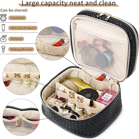 Makeup Bag for Women Double Layer Cosmetic Bag with Jewelry Compartment Large Toiletry Bag for Traveling Portable Makeup Storage Box (A/Black)