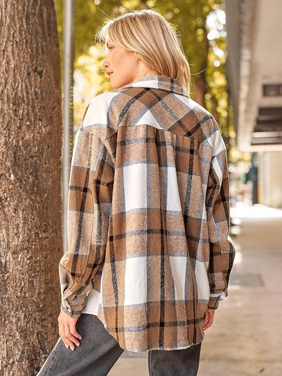 Womens Flannel Plaid Shackets Jackets 2023 Long Sleeve Shirts Tops Fashion Corduroy Winter Clothes With Pockets