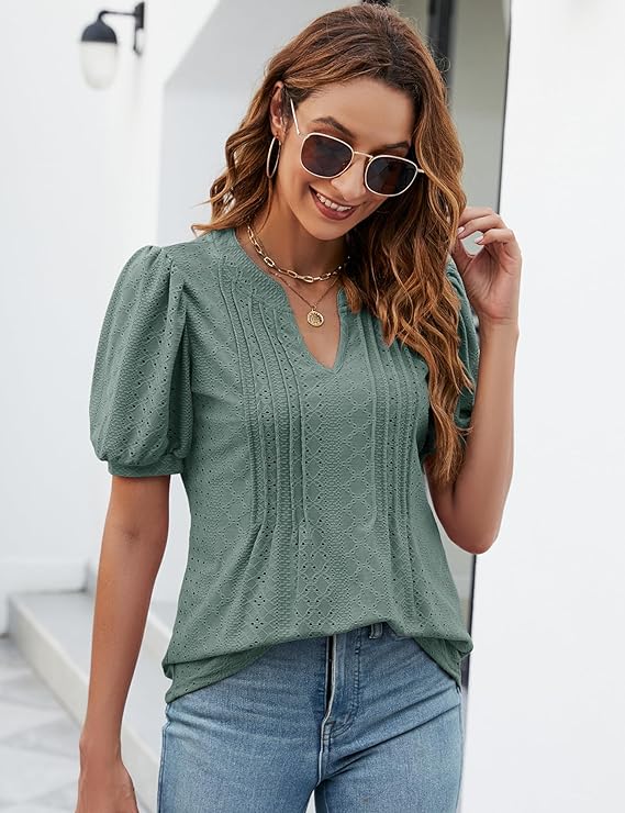Womens Short Sleeve Summer Tops, 2024 Fashion Eyelet Tunic Blouse, V Neck Puff Sleeve Pleated T Shirts