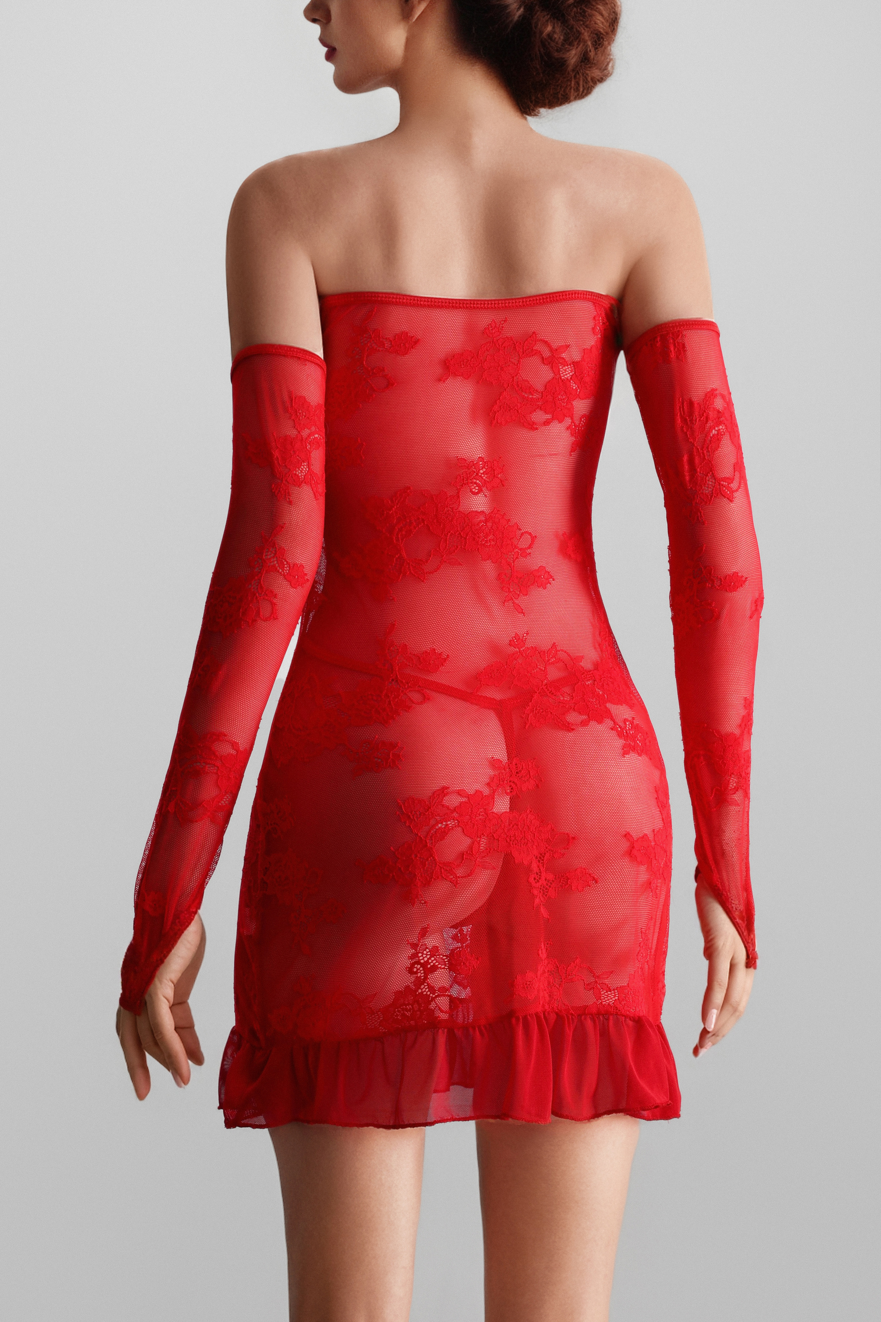 Seductive Red Lace Sheer Christmas Lingerie Dress Set 