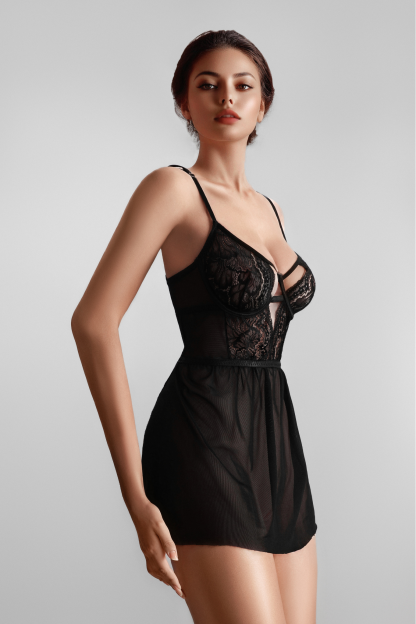 Lace Sheer Sexy Lingerie with Push-Up Bra Nightgown