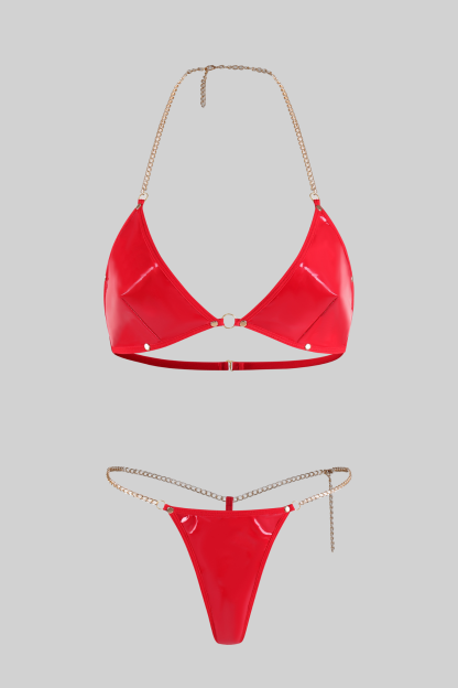 Red Glossy Patent Eco Leather Fabric Metal Chain Three-Piece Lingerie Set