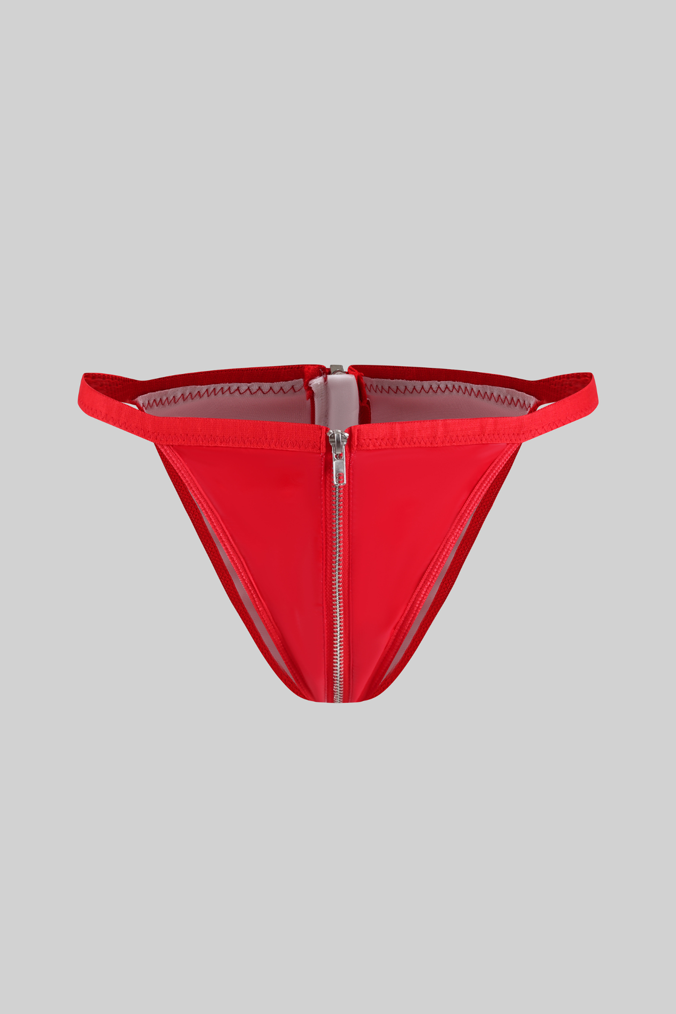 Eco-Friendly Red Patent Leather Underwear With a Zipper and Slit