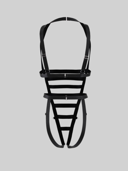 Black Strap Bondage-Inspired One-Piece Lingerie