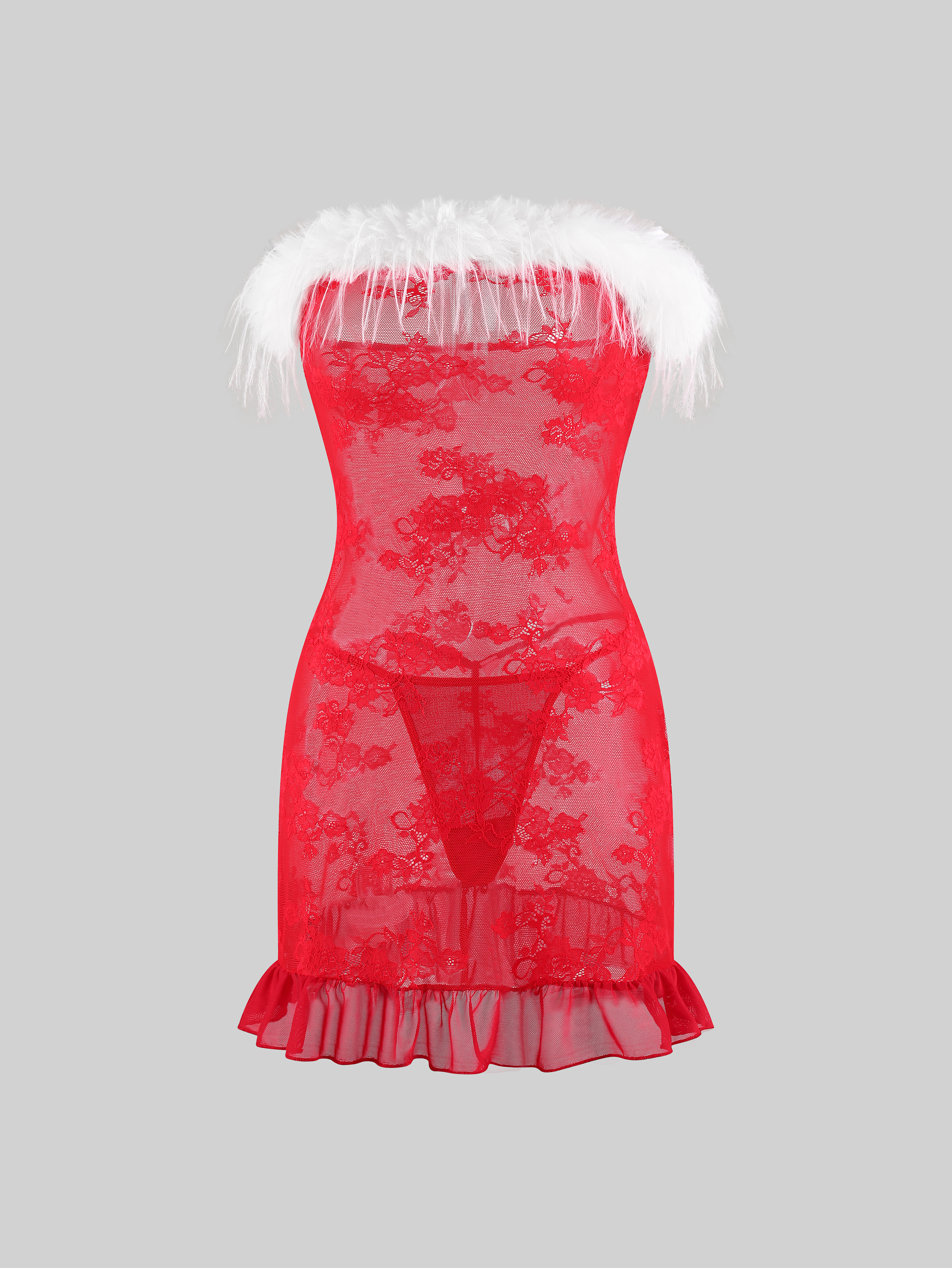 Seductive Red Lace Sheer Christmas Lingerie DressSet