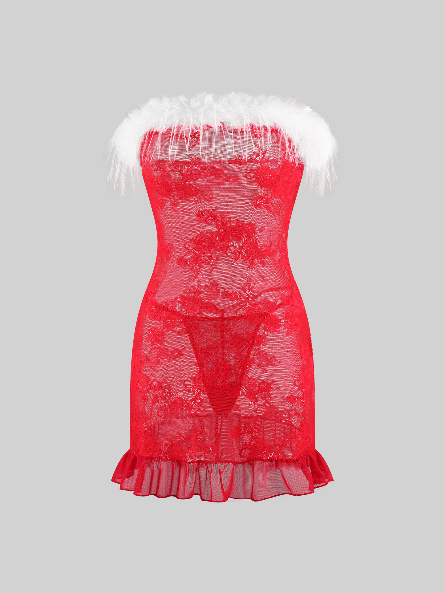 Seductive Red Lace Sheer Christmas Lingerie DressSet
