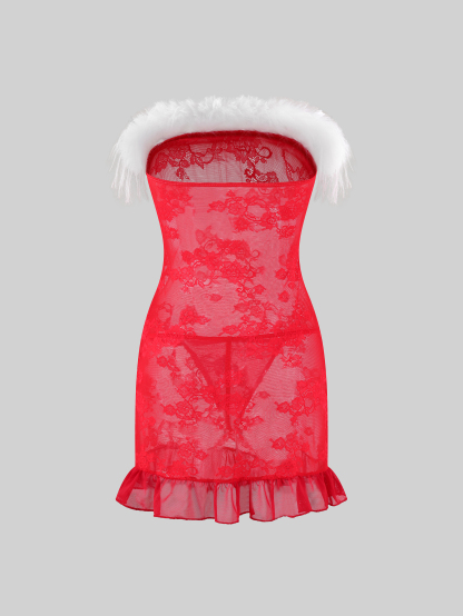 Seductive Red Lace Sheer Christmas Lingerie DressSet