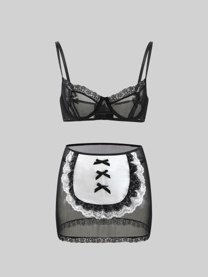 Contrast Lace Maid Costume Set (3 Pcs)