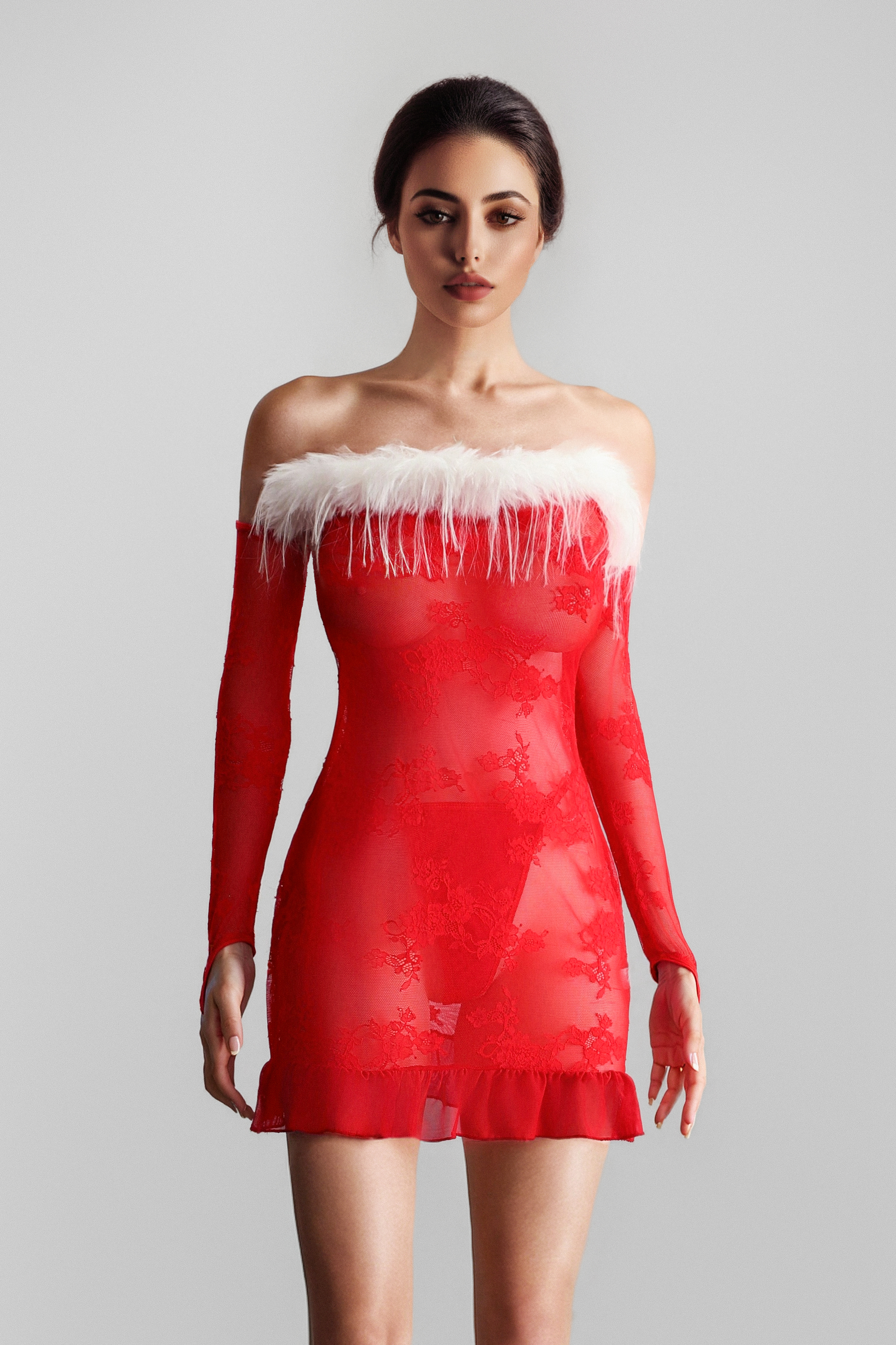 Seductive Red Lace Sheer Christmas Lingerie Dress Set 