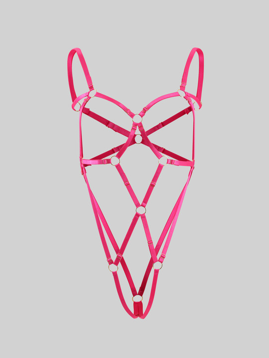 Pink Ribbon-tied Metal Ring Bondage Bodysuit