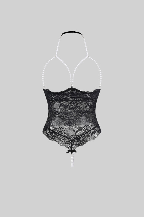 Adjustable Cupless Pearl Chain Lace Bodysuit