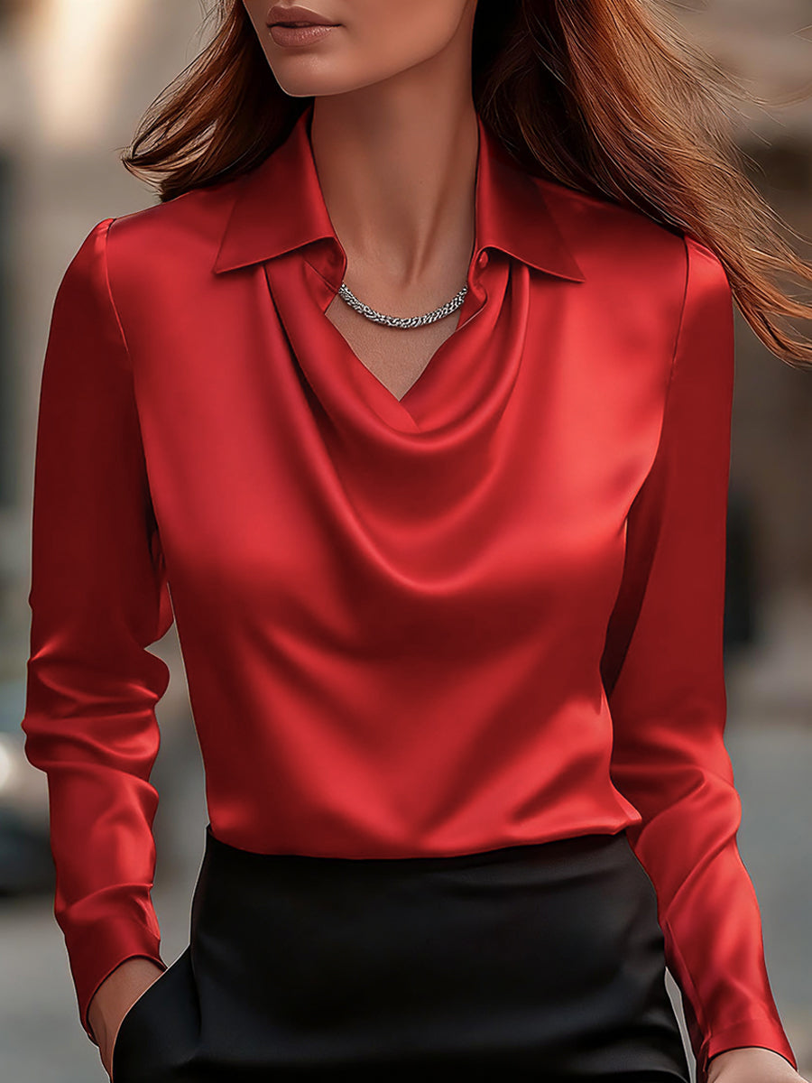 Elegant White Satin Blouse with Draped Neckline