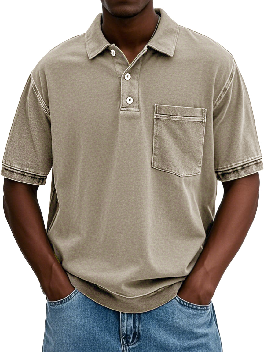 Men's Vintage Washed And Distressed Pure Cotton Lapel Short-sleeved Polo Shirt