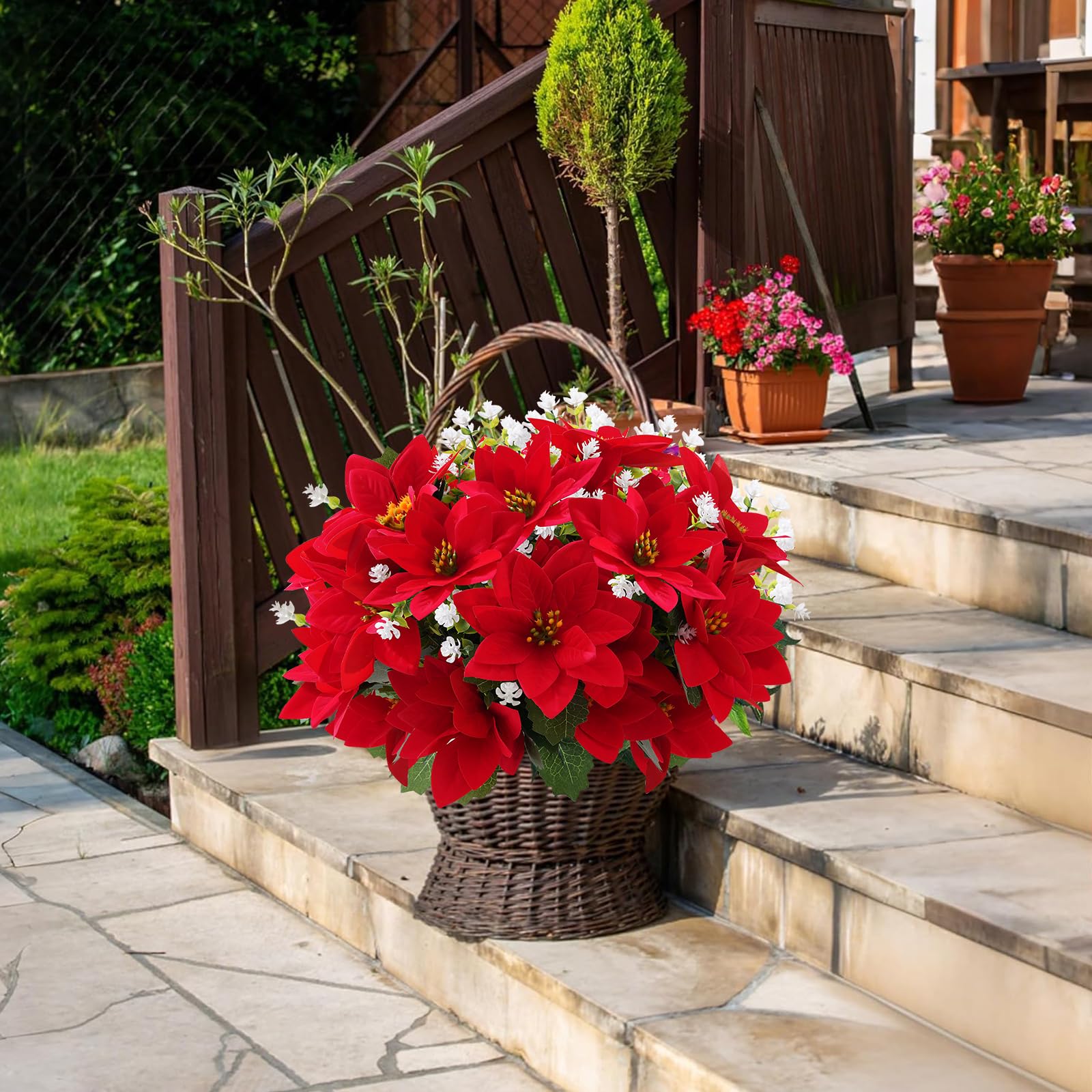 💥Last Day Each Only $3.99🌼- Artificial Outdoor Poinsettias Flowers - UV resistant, Waterproof, Windproof