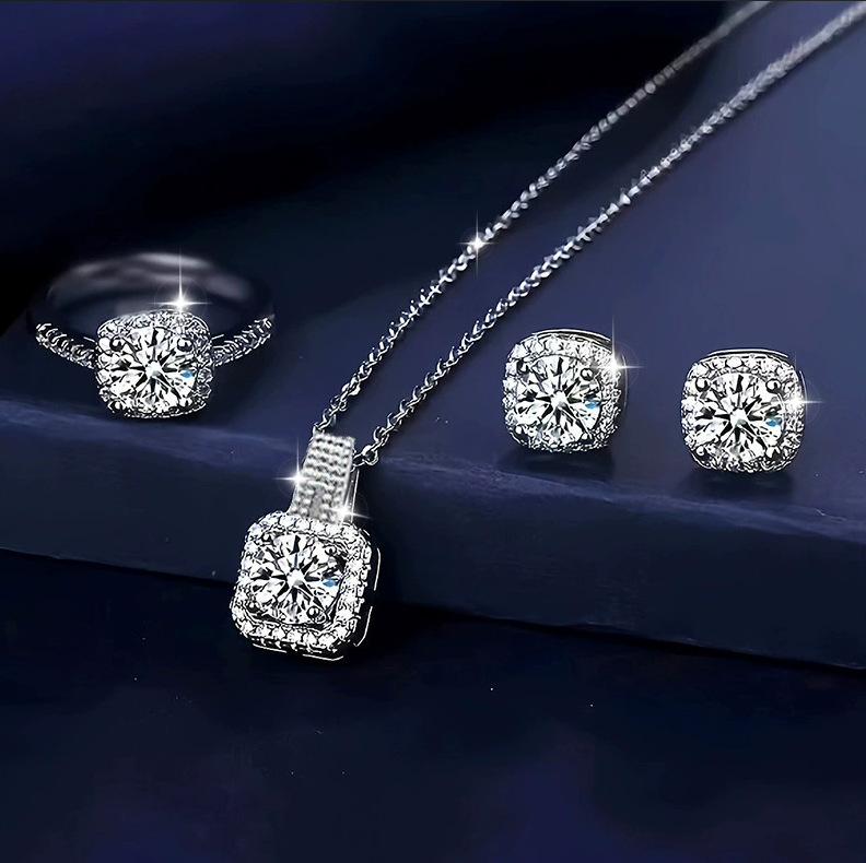 Elegant Square Halo Moissanite Pendant Necklace Ring Earrings Set