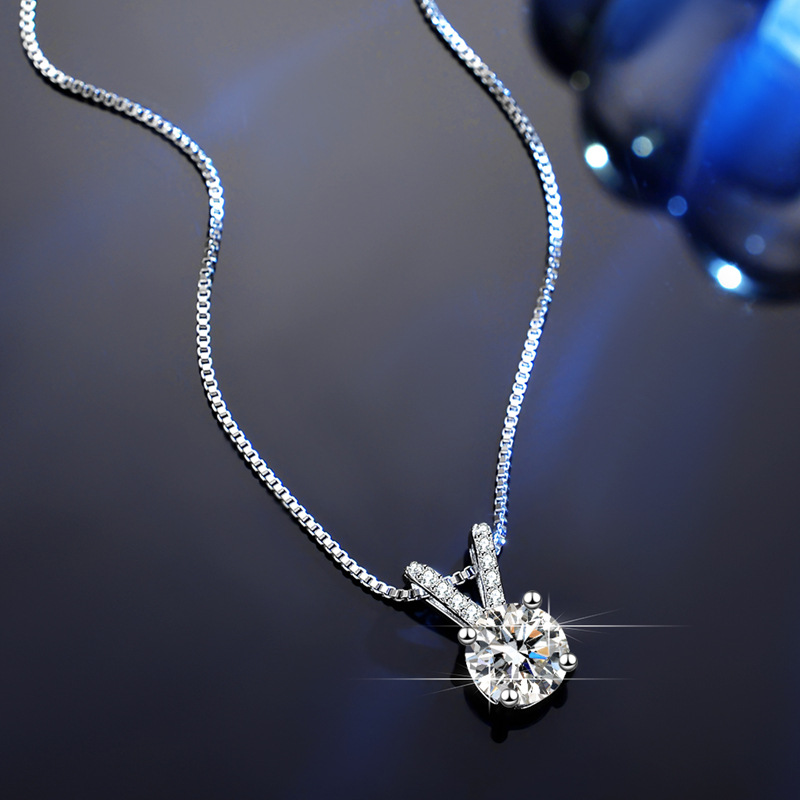 S925 V-Shape Four-Prong Moissanite Pendant Necklace with Rose Gift Box