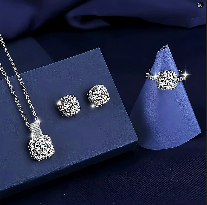 Elegant Square Halo Moissanite Pendant Necklace Ring Earrings Set