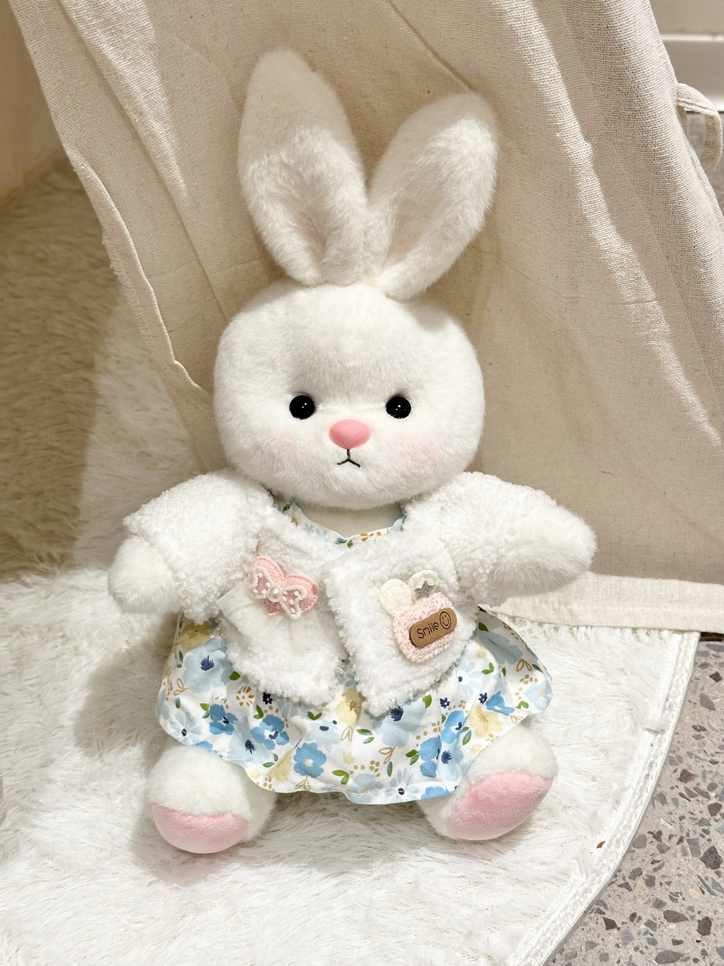 Homeyfriends Cute Jointed Bunny With Furry Jacket And Blue Floral Dress