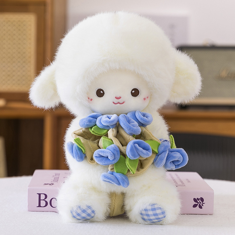 Flower-Holding Lamb Plush with Magnetic Hands