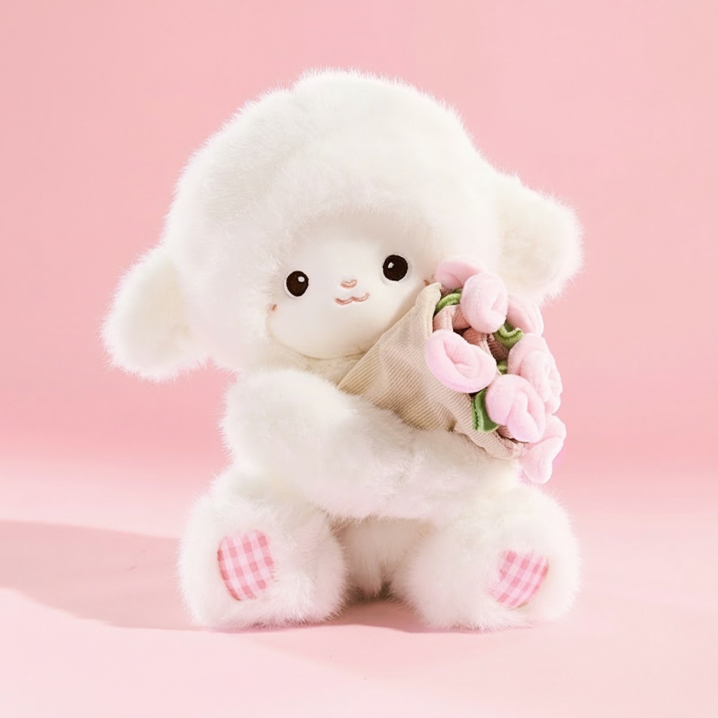 Flower-Holding Lamb Plush with Magnetic Hands