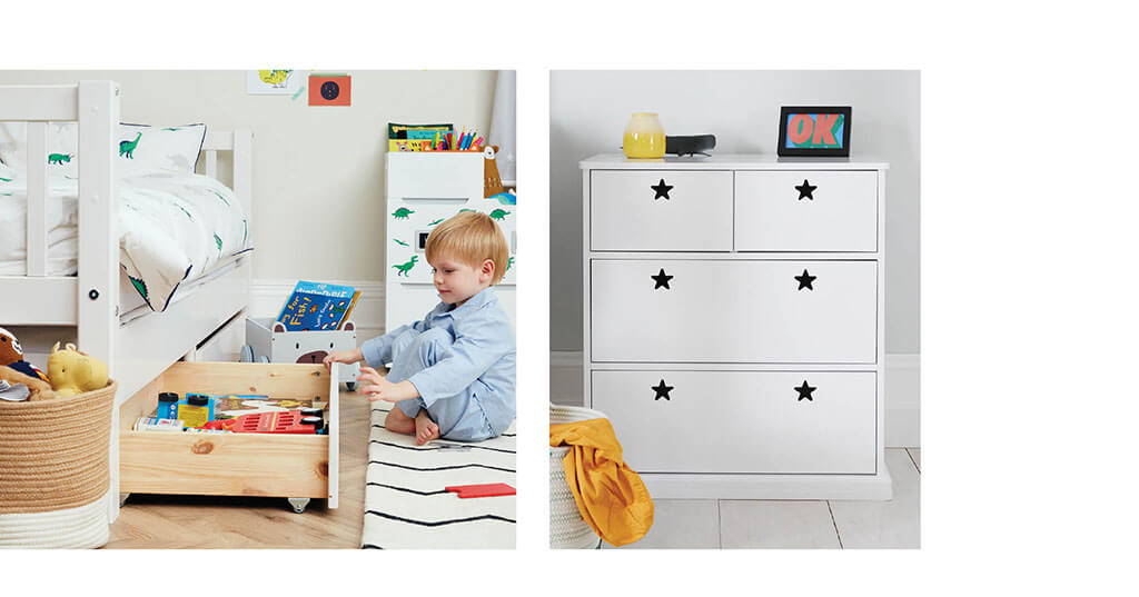 White chest of drawers in kids' bedroom and young boy using underbed storage