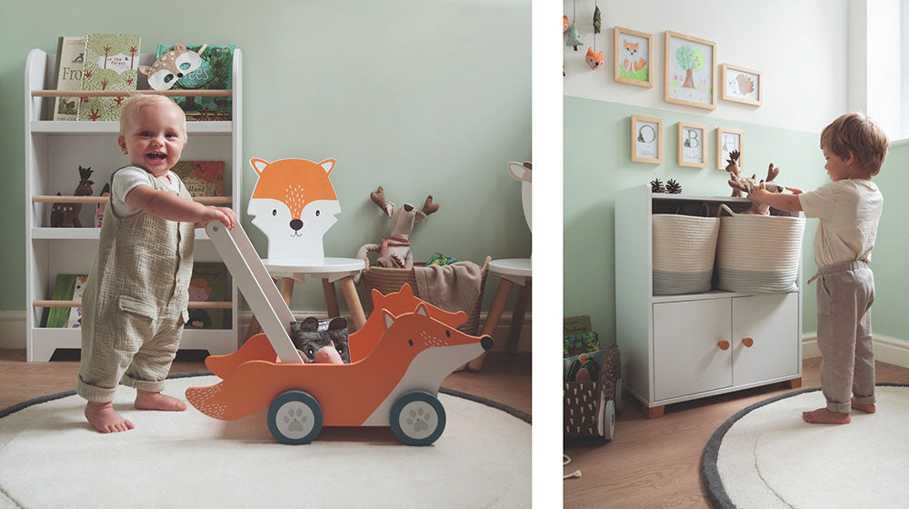 Wooden walker and toy storage cupboard