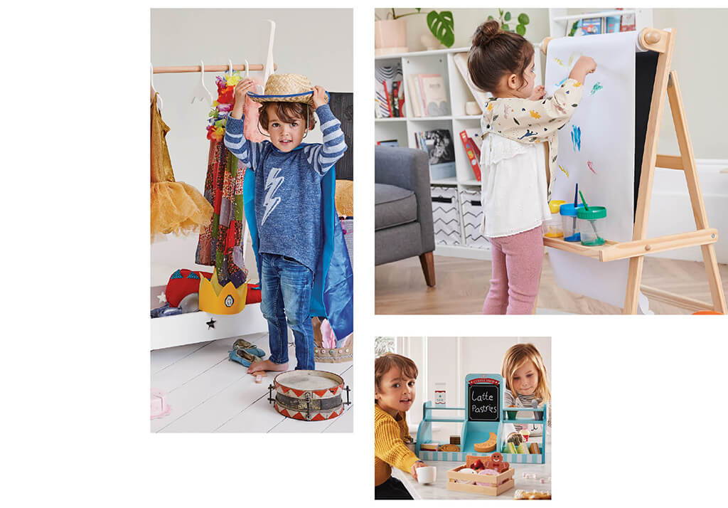 Collage of children playing with various GLTC role play toys