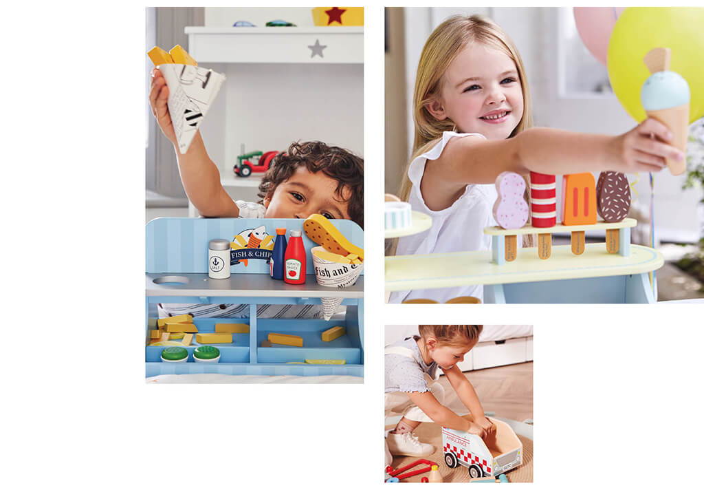 Collage of children playing with table top role play toys