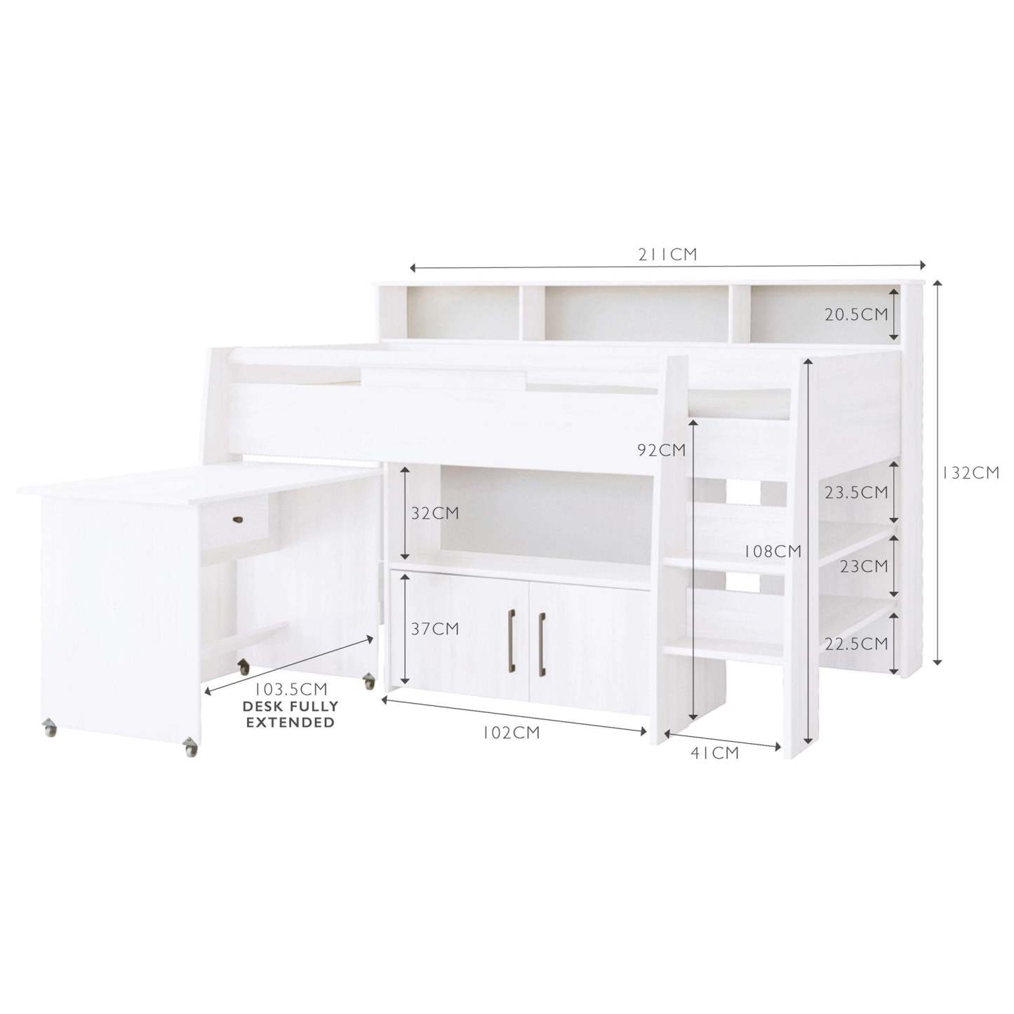 Cut-out of white Reece cabin bed with dimensions