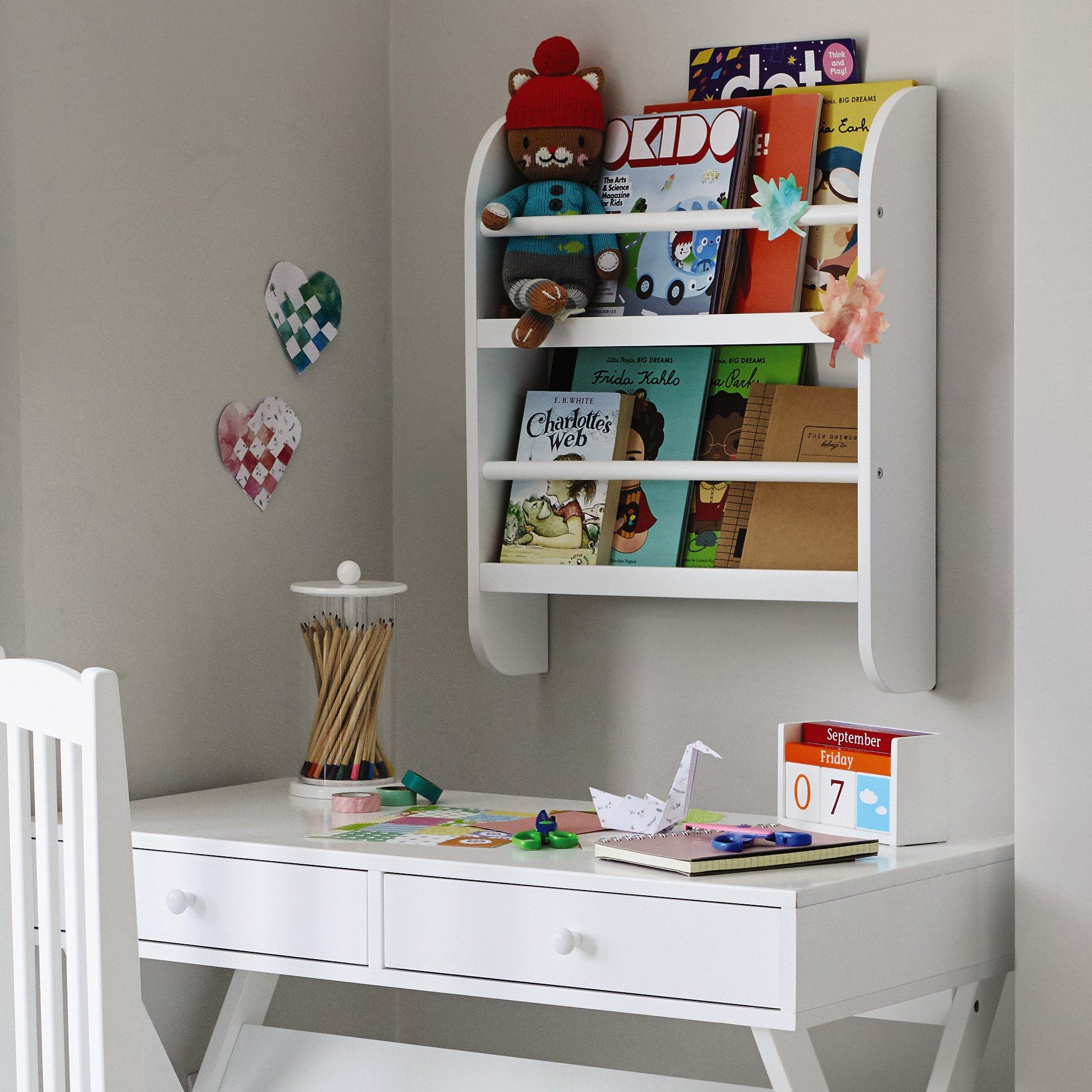 Greenaway mini bookcase in white and faraday desk in white.