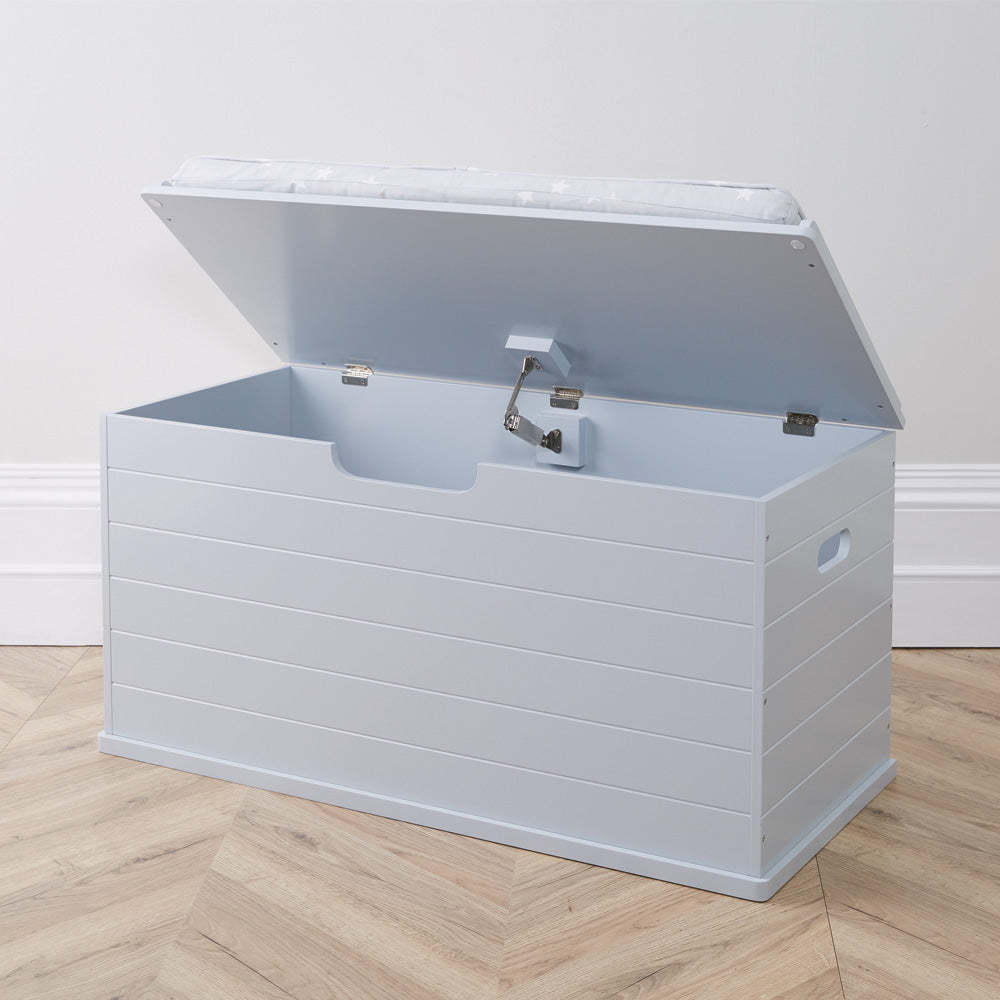 Grey large classic toy box with grey stardust cushion, open