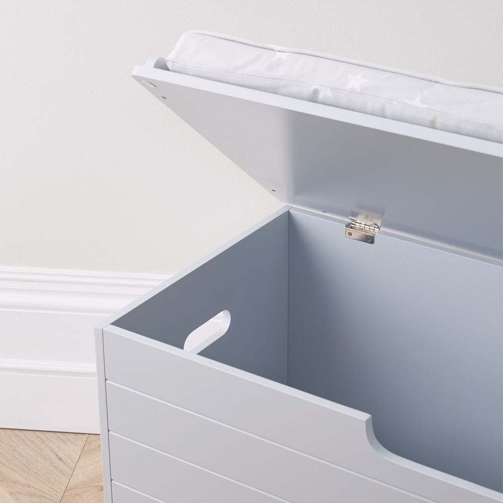 Grey large classic toy box with grey stardust cushion, open