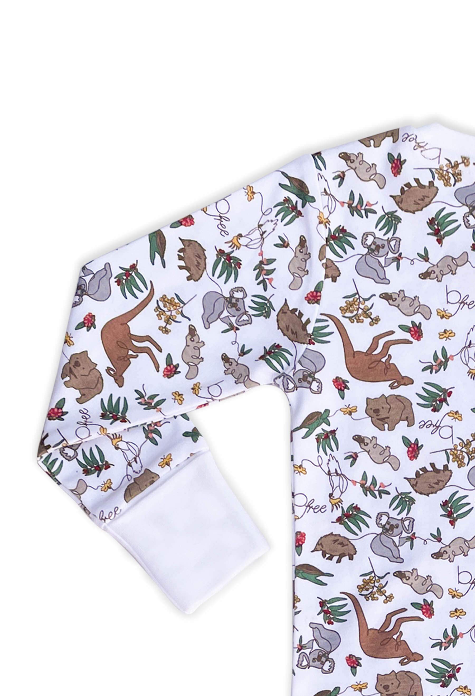 Zip Baby Sleepsuit with Foldable Mitts - 100% Organic Cotton - Native Aussie Animals