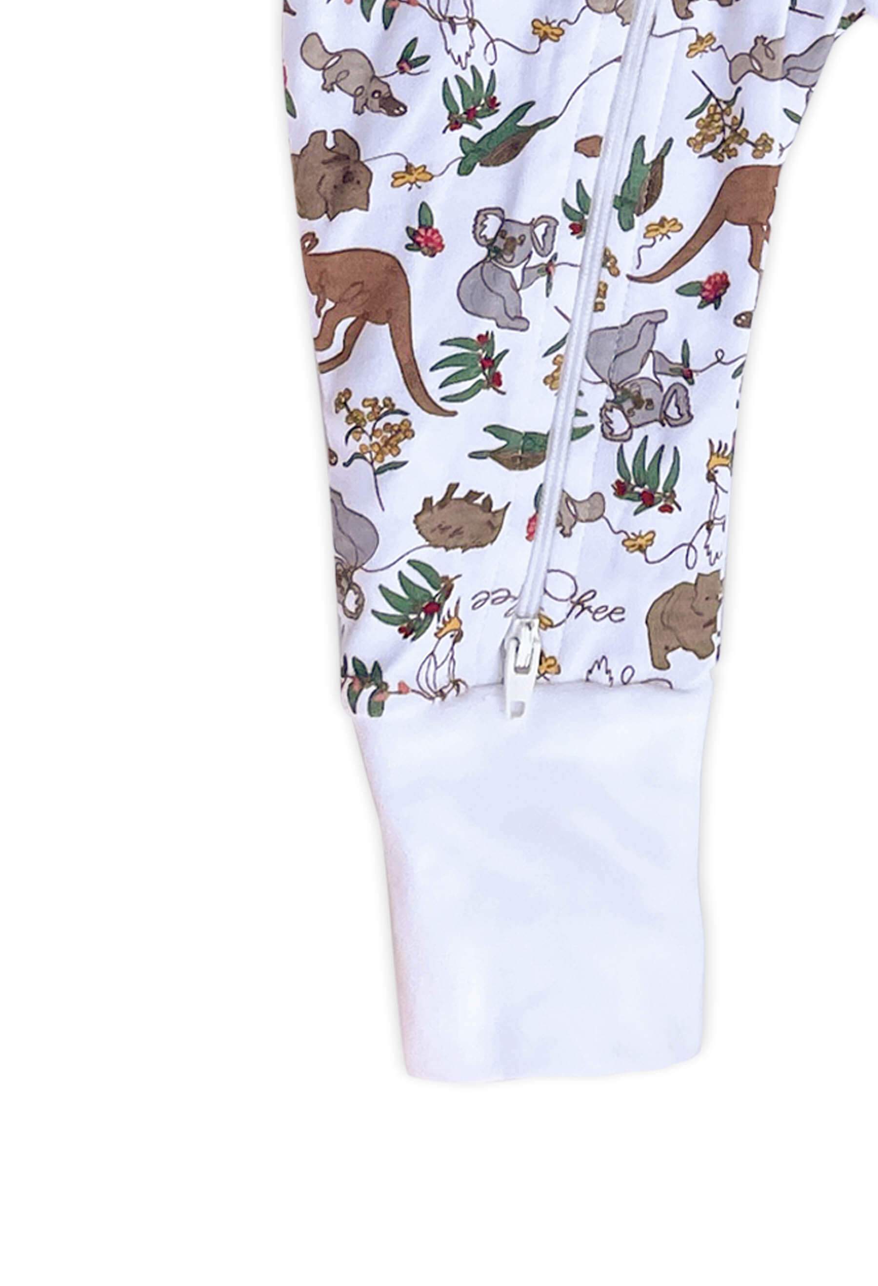 Zip Baby Sleepsuit with Foldable Mitts - 100% Organic Cotton - Native Aussie Animals