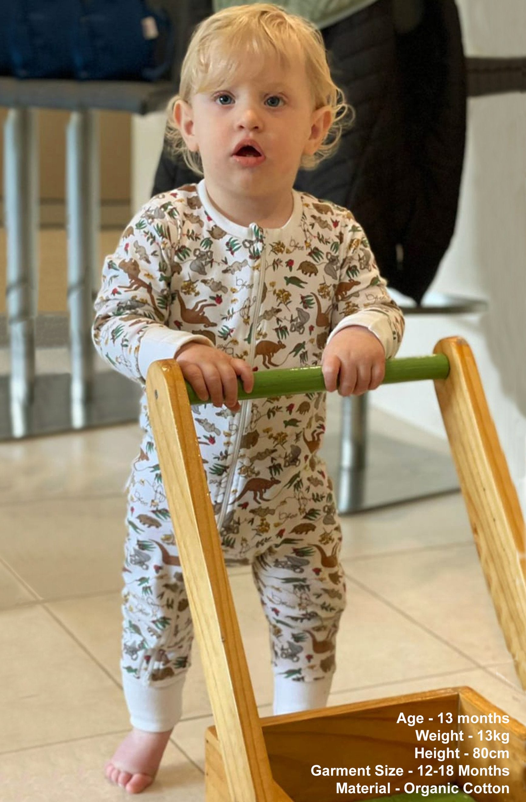 Zip Baby Sleepsuit with Foldable Mitts - 100% Organic Cotton - Native Aussie Animals