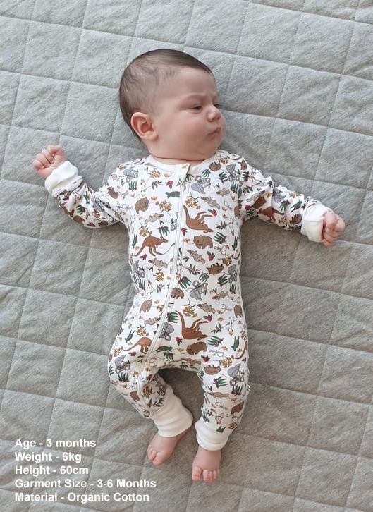 Zip Baby Sleepsuit with Foldable Mitts - 100% Organic Cotton - Native Aussie Animals