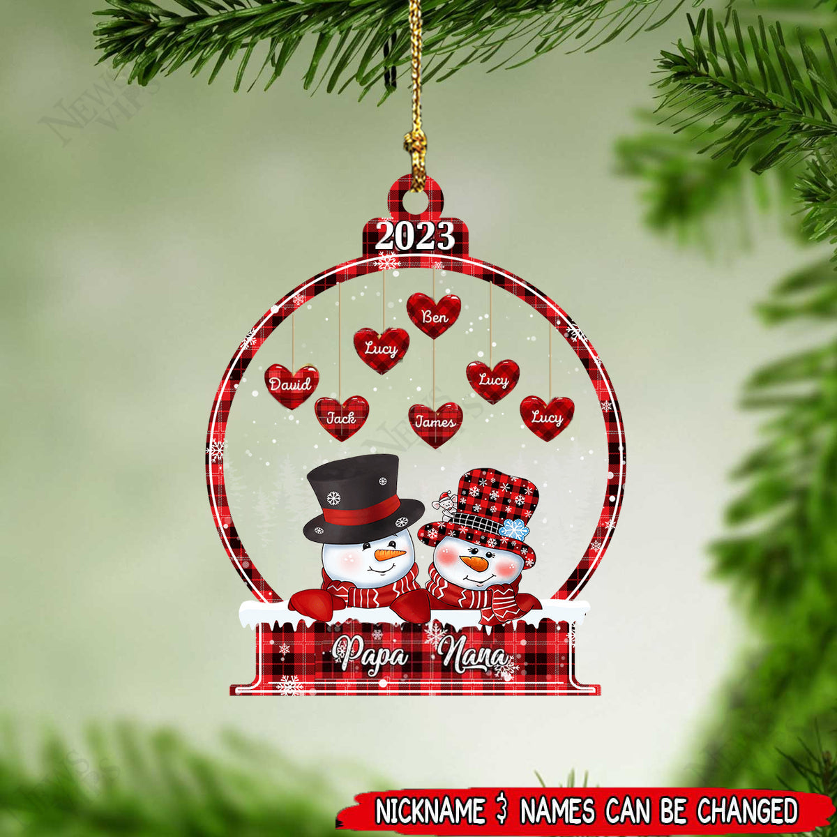 Sparkling Christmas Snowman Papa Nana Dad Mom Heart Kids In Snowball  Ornament